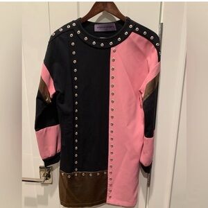 Emanuel Ungaro block geometric sweater dress black pink gold grommet size 6